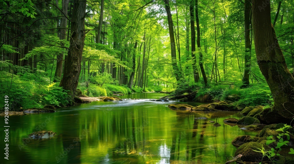 Obraz premium A peaceful river winds through a vibrant green forest under soft sunlight