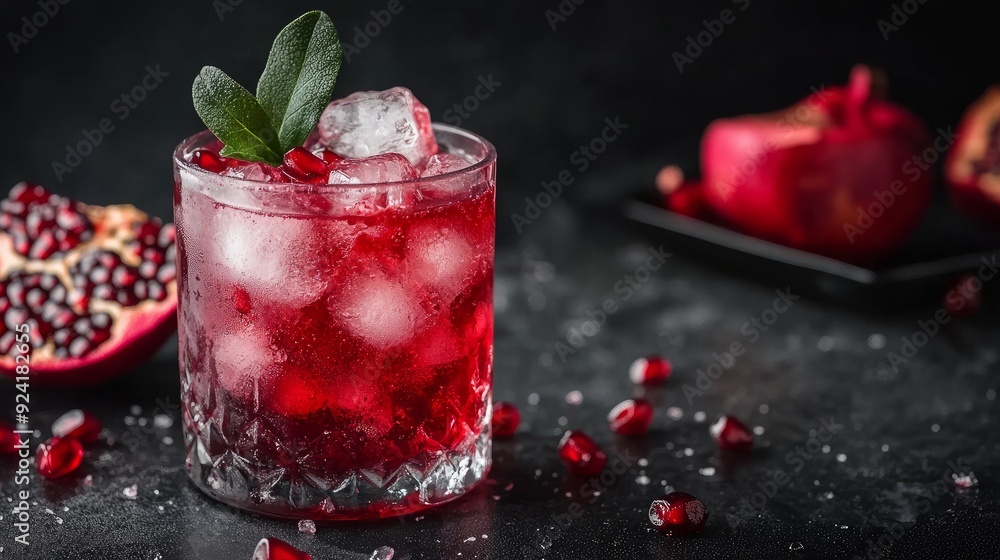 Deculent pomegranate mixed drink against a dark backdrop Deculent pomegranate mixed drink against a dark backdrop