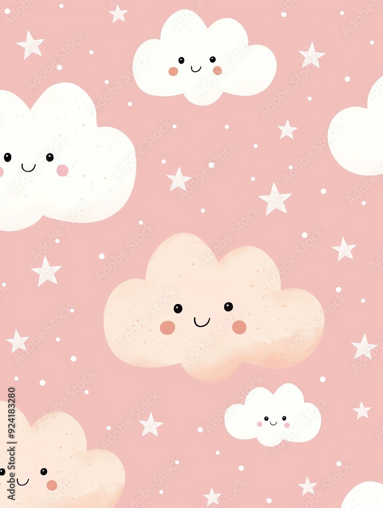A whimsical pattern featuring smiling clouds against a soft pink background, perfect for playful and cute designs. A whimsical pattern featuring smiling clouds against a soft pink background, perfect for playful and cute designs.