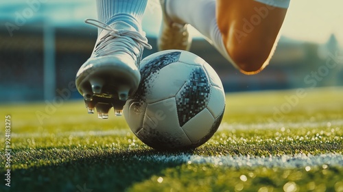 Close-up of soccer cleats skillfully dribbling the ball, showcasing precise control and artistry.