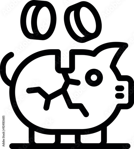 Simple icon of a broken piggy bank with coins falling out, representing lost savings
