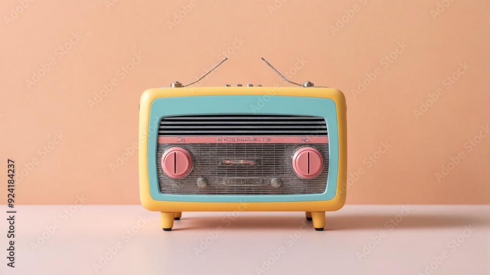 Obraz premium Small retro-style radio pastel yellow color has rectangular 3d c