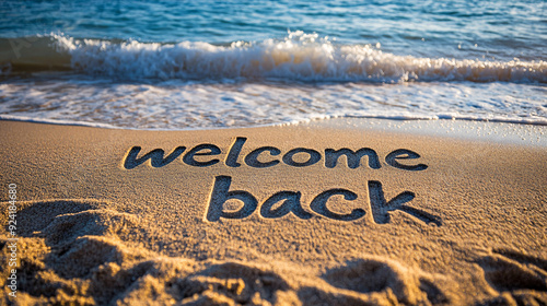 Tranquil Beach Welcome: 'Welcome Back' Inscribed in Sand with Sea Waves Background