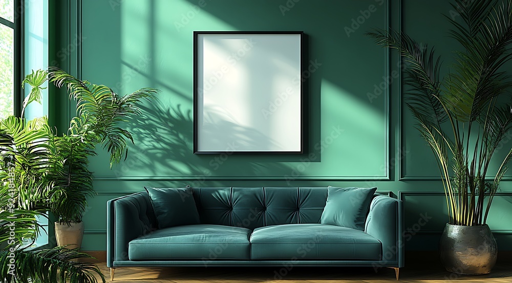 Picture frame mock-up in the interior of a modern living room on a green wall design with a sofa and a plant in a vase, transparent wall art mockup design Picture frame mock-up in the interior of a modern living room on a green wall design with a sofa and a plant in a vase, transparent wall art mockup design