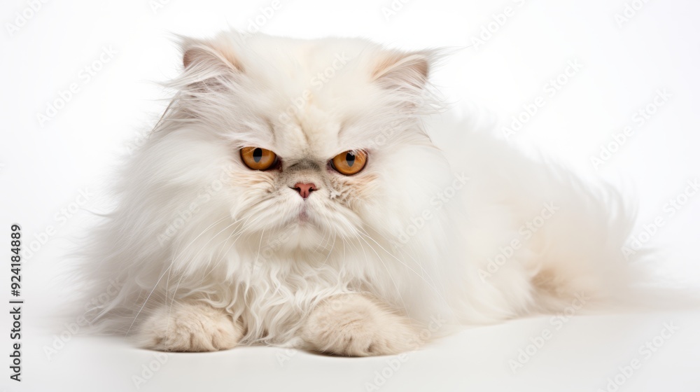 Fototapeta premium Stunning White Persian Cat Portrait: Fluffy Fur, Focused Lighting