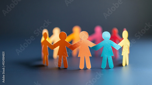 Unity in Diversity - Paper Humans Clasping Hands in Circle Symbolizing Inclusivity on Plain Background with Copy Space