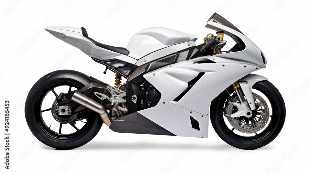 Sleek Metallic Sports Bike on White Background: Focused Lighting Sleek Metallic Sports Bike on White Background: Focused Lighting