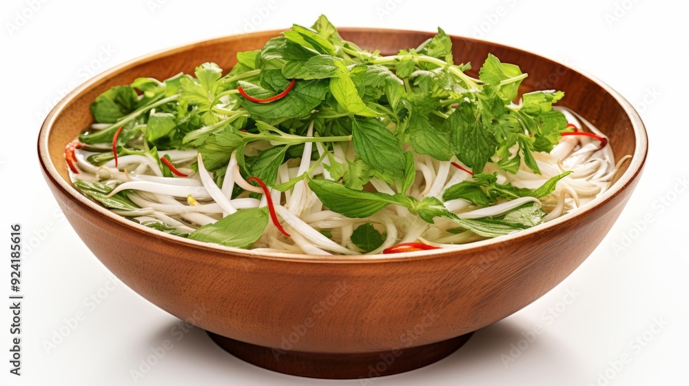 ## Steaming Bowl of Pho with Fresh Herbs - White Background ## Steaming Bowl of Pho with Fresh Herbs - White Background
