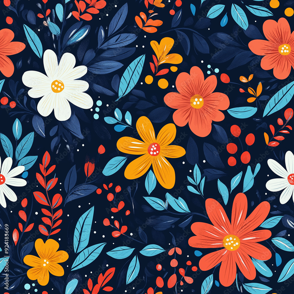 A seamless pattern with colorful flowers and leaves against a dark background. The bright blooms pop against the dark backdrop, creating a lively and vibrant design. A seamless pattern with colorful flowers and leaves against a dark background. The bright blooms pop against the dark backdrop, creating a lively and vibrant design.