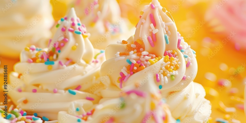 Close up of vanilla frozen yogurt with rainbow sprinkles toppings Close up of vanilla frozen yogurt with rainbow sprinkles toppings