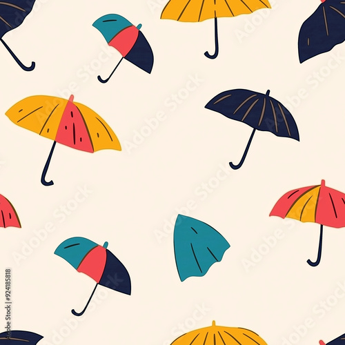 Playful seamless pattern featuring colorful umbrellas scattered across a light beige background, evoking a fun and whimsical rainy day mood.