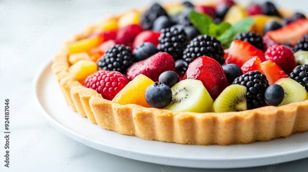 Fresh fruit tart with berries and tropical fruits on a white plate. Fresh fruit tart with berries and tropical fruits on a white plate.
