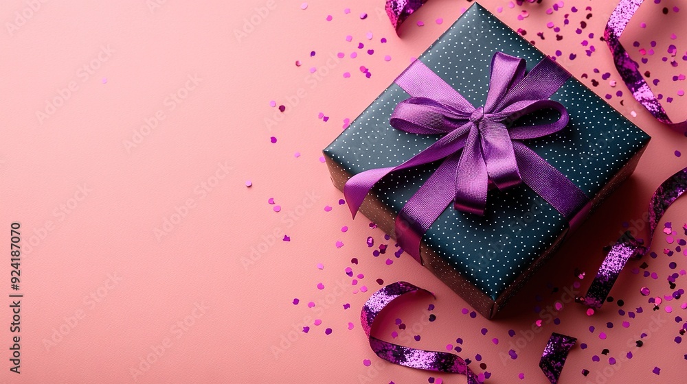 A blue gift box adorned with a purple ribbon and confetti on a pink background with scattered sprinkles A blue gift box adorned with a purple ribbon and confetti on a pink background with scattered sprinkles