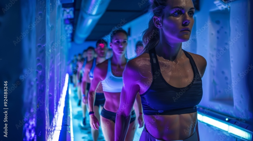 A group of marathon runners lining up for a postrace cryotherapy session to aid in recovery and prevent delayed onset muscle soreness. A group of marathon runners lining up for a postrace cryotherapy session to aid in recovery and prevent delayed onset muscle soreness.
