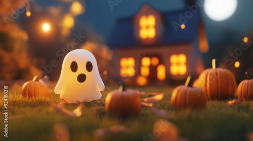 A glowing ghost near pumpkins in front of a cozy house at night, 3d illustration.