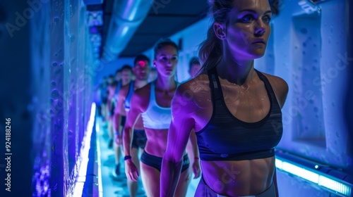 A group of marathon runners lining up for a postrace cryotherapy session to aid in recovery and prevent delayed onset muscle soreness. photo