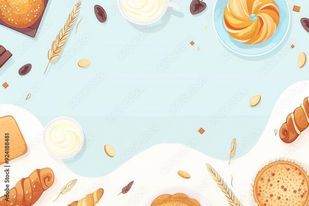 Top view illustration of variety of French baked pastries with copyspace in the middle Top view illustration of variety of French baked pastries with copyspace in the middle