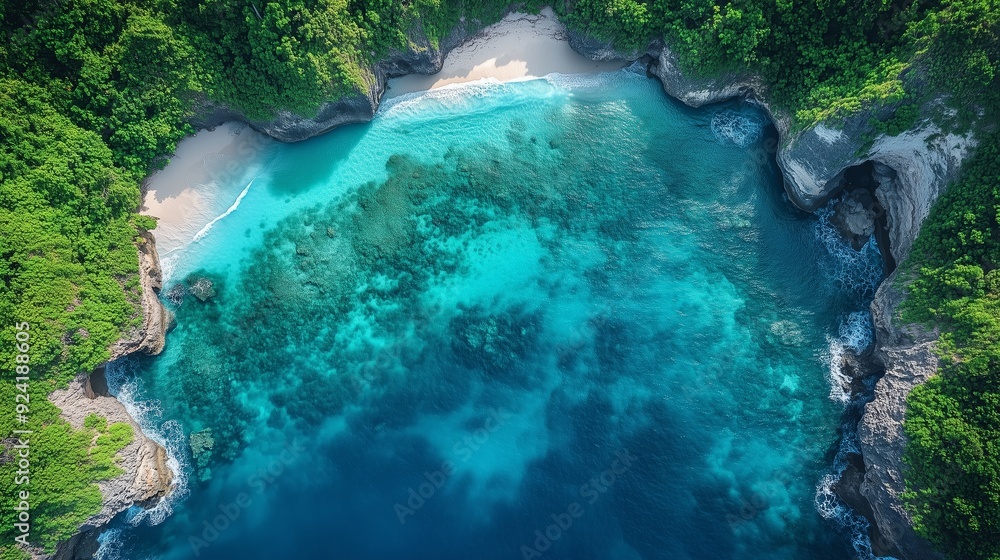 Aerial view of a pristine tropical bay with turquoise waters surrounded by lush greenery during midday Aerial view of a pristine tropical bay with turquoise waters surrounded by lush greenery during midday