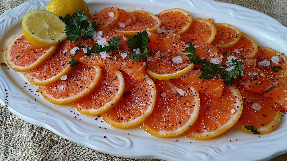 A white platter holds orange slices, sea salt, and a lemon A white platter holds orange slices, sea salt, and a lemon