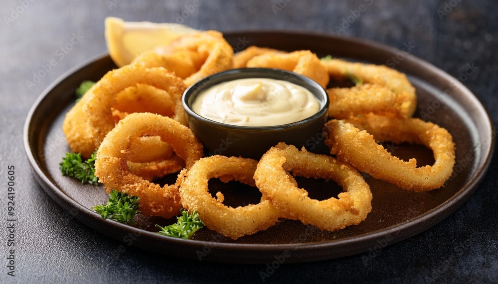 Grilled calamari rings with a garlic and mayonnaise dip Grilled calamari rings with a garlic and mayonnaise dip