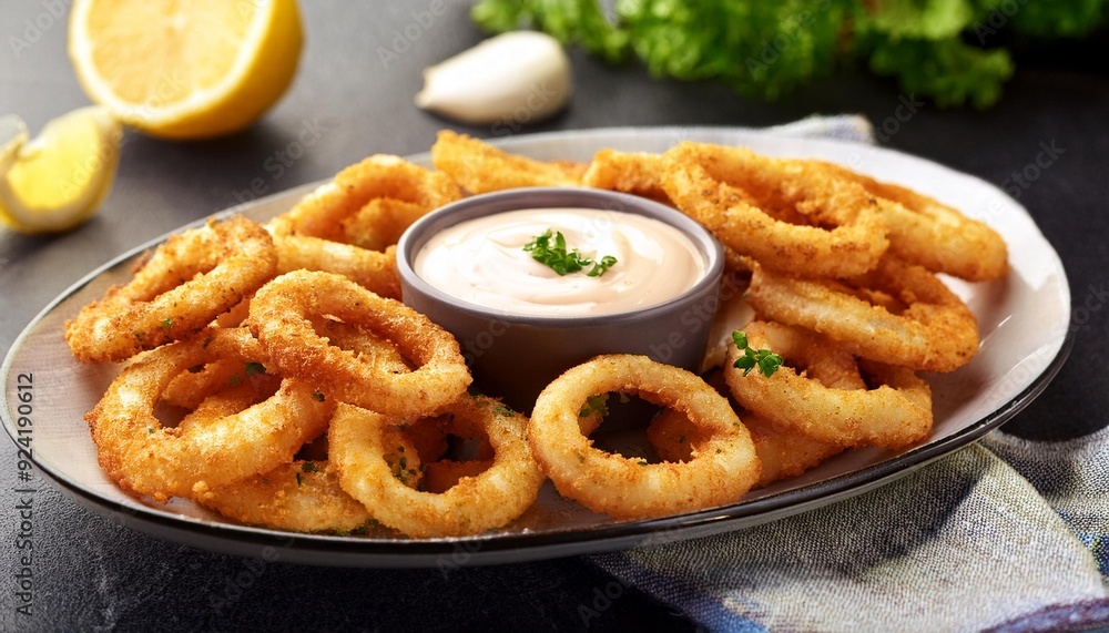 Grilled calamari rings with a garlic and mayonnaise dip Grilled calamari rings with a garlic and mayonnaise dip