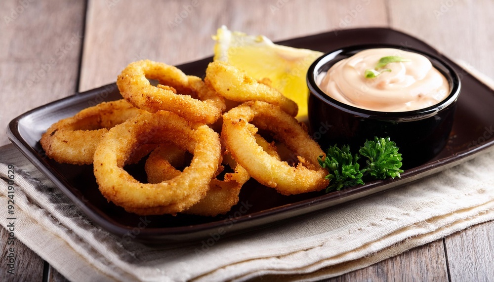 Grilled calamari rings with a garlic and mayonnaise dip Grilled calamari rings with a garlic and mayonnaise dip