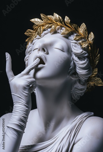 Abstract white marble statue of an woman with a golden laurel wreath in her hair, gloves and tongue out. Provocative and erotic pose.Transgressive art. Feminism, mock the status quo photo