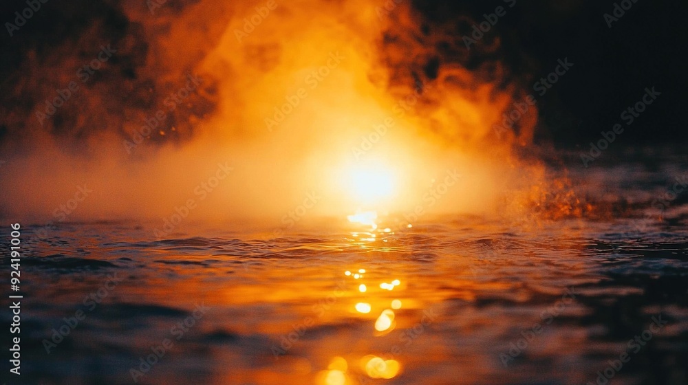 A bright light emanating from the surface of a body of water, as seen in this close-up A bright light emanating from the surface of a body of water, as seen in this close-up