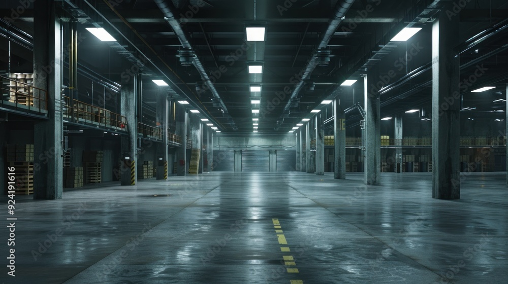 Fototapeta premium Empty Warehouse with Light Beams