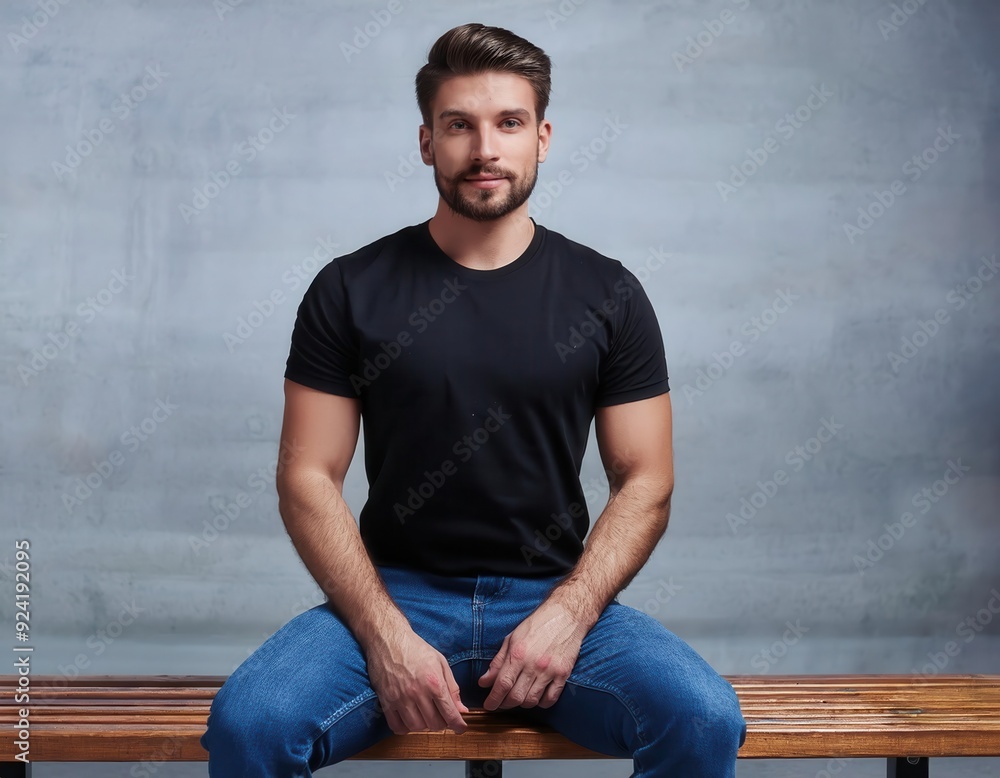 Fototapeta premium Portrait of a Man Sitting Against a Blue-Grey Wall