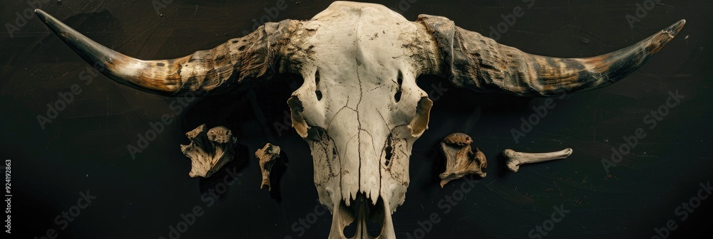 Isolated buffalo skull accompanied by natural elements and animal bones representing strength and resilience in nature. Isolated buffalo skull accompanied by natural elements and animal bones representing strength and resilience in nature.