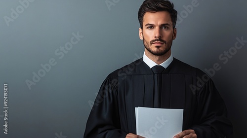 A bailiff holding a legal document, looking serious and focused, with a minimalist light color backdrop that enhances the composition