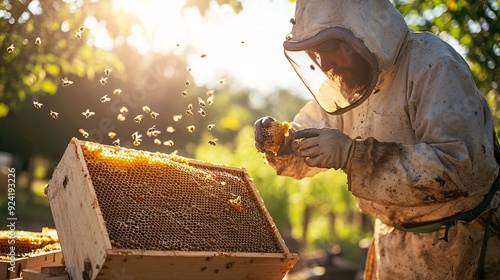 A beekeeper in protective gear inspecting a beehive filled with honeycombs under bright sunlight photo