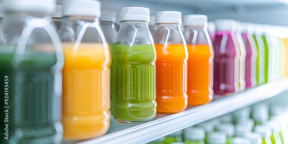Organic juices on refrigerator shelfs Organic juices on refrigerator shelfs