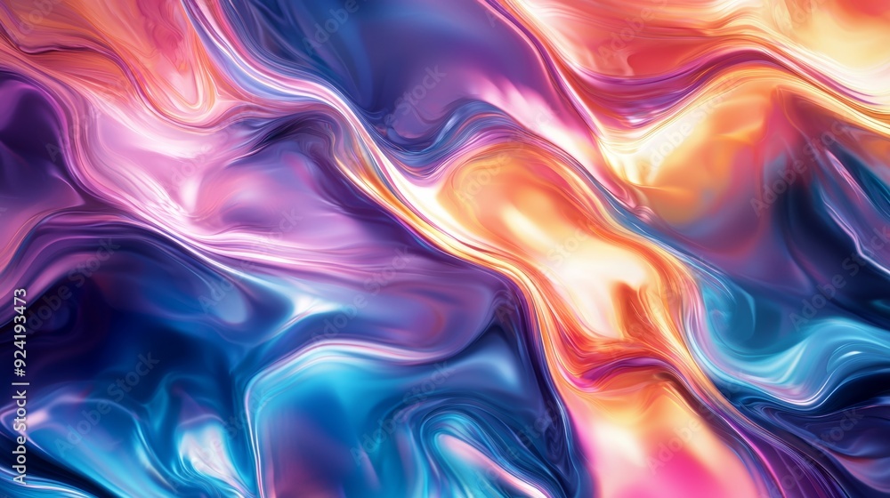 Naklejka premium Colorful abstract liquid background with iridescent holographic neon colors blending and swirling. Perfect backdrop for a trendy, modern design