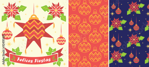 Plantilla de Navidad "felices fiestas" con piñata, nochebuena y esferas México. Tarjeta y patrón