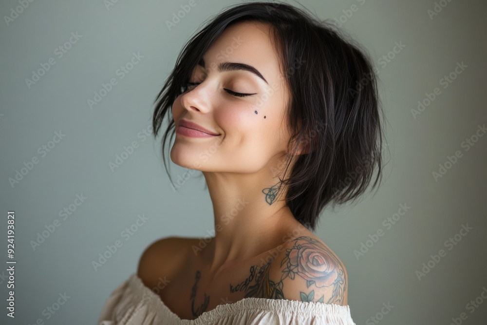 A close up of a woman's face with tattoos and her eyes closed A close up of a woman's face with tattoos and her eyes closed