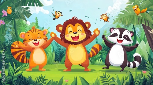 A lion, tiger and raccoon are standing in a lush green jungle, smiling and looking happy. There are some small birds flying in the sky.