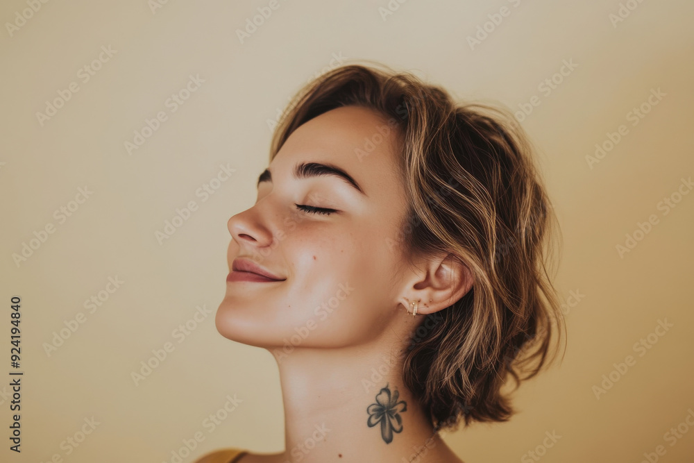 A close up of a woman's face with tattoos and her eyes closed A close up of a woman's face with tattoos and her eyes closed
