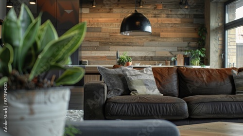 This industrialinspired living space is softened by the addition of a wood grain feature wall adding warmth and character. photo