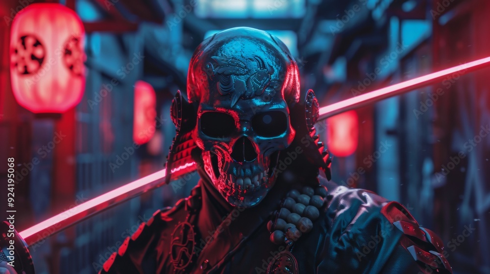 Fototapeta premium samurai robot skeleton with a red sword in a neon environment