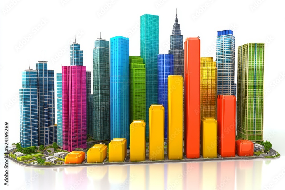 Vibrant city skyline made of colorful bar graphs rising in a green landscape symbolizing urban development business growth and sustainability ideal for eco friendly and business themes Vibrant city skyline made of colorful bar graphs rising in a green landscape symbolizing urban development business growth and sustainability ideal for eco friendly and business themes