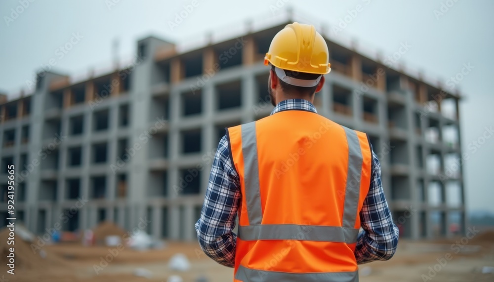 Construction worker in safety gear inspecting a building site. Construction worker in safety gear inspecting a building site.