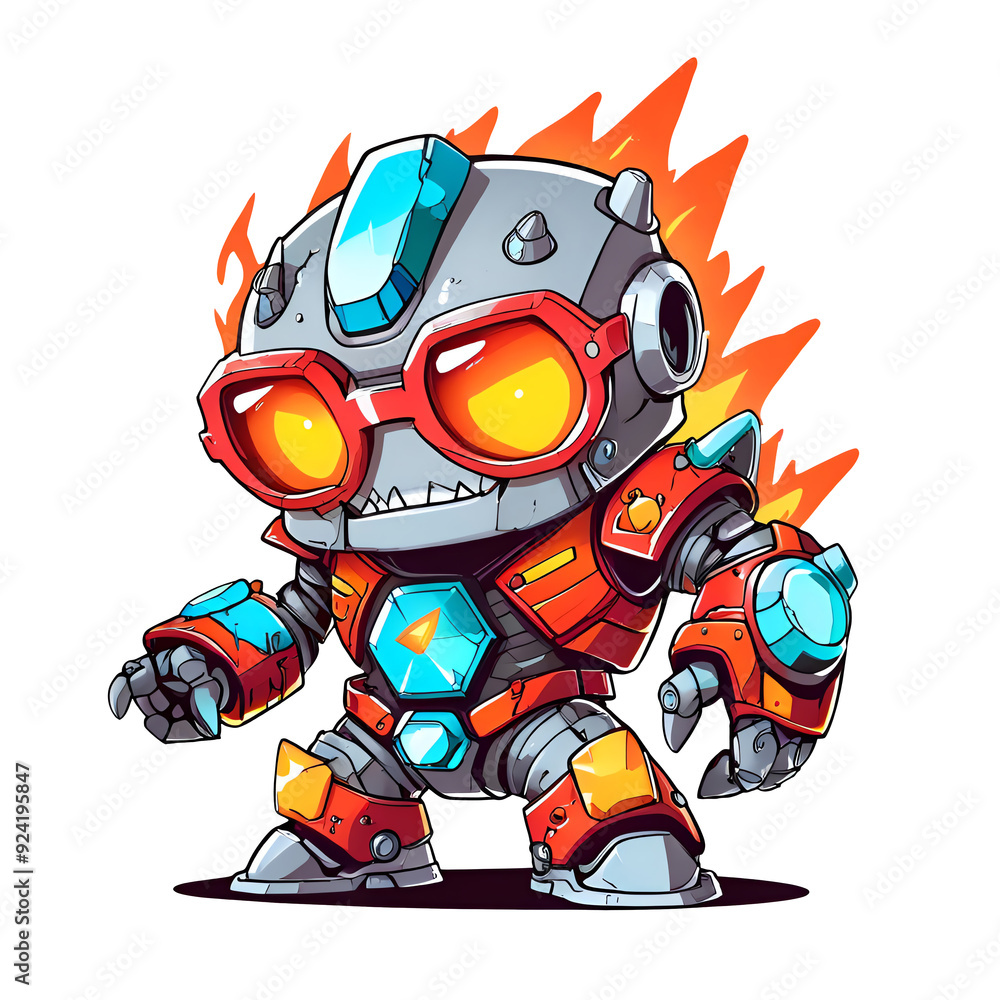 A robot with red and blue parts and a yellow face A robot with red and blue parts and a yellow face