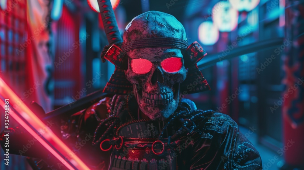samurai robot skeleton with a red sword in a neon environment samurai robot skeleton with a red sword in a neon environment