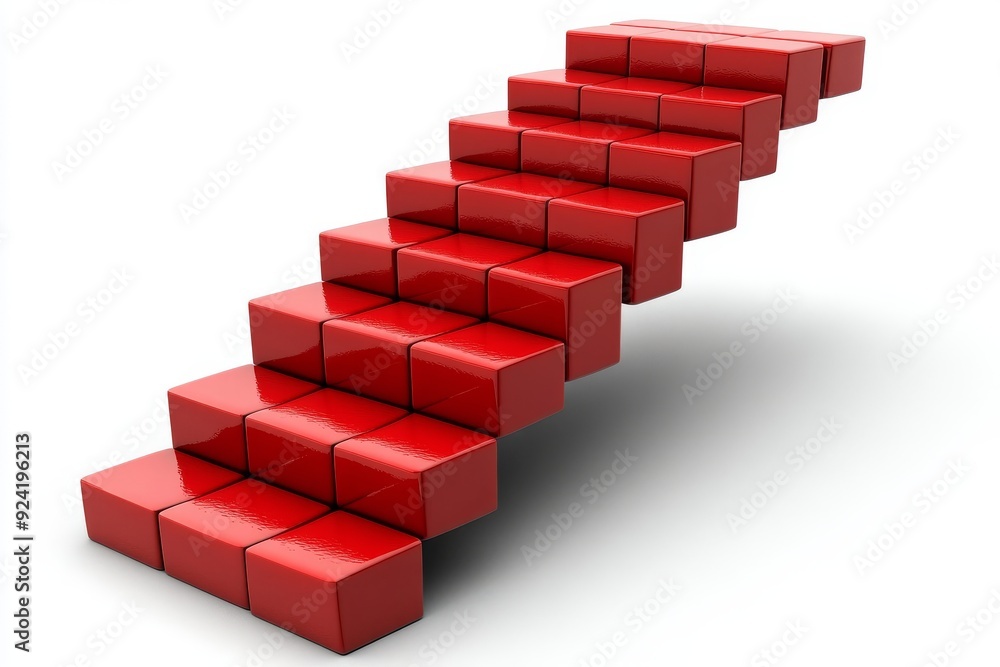 Red blocks arranged in an ascending staircase pattern symbolizing growth success and upward mobility ideal for business education and self improvement themes in a bold and dynamic context