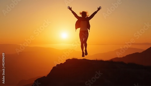 Wallpaper Mural Silhouette of a person jumping with joy on a hilltop against a vibrant sunset sky. Torontodigital.ca