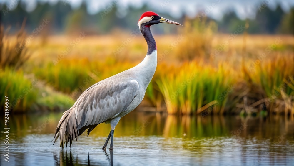Obraz premium Majestic Eurasian crane stands tall in wetlands, its grey and white feathers glistening, long neck stretched, and distinctive red crown proudly displayed.