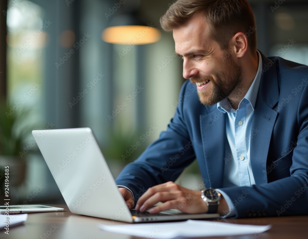 Fototapeta premium Young Caucasian man in a blue suit working on a laptop with a motivated smile in an office setting.