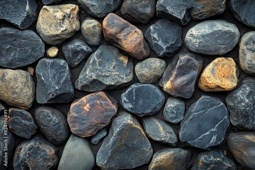 Varied shapes and colors of river rocks arranged naturally on a surface outside during daylight Varied shapes and colors of river rocks arranged naturally on a surface outside during daylight
